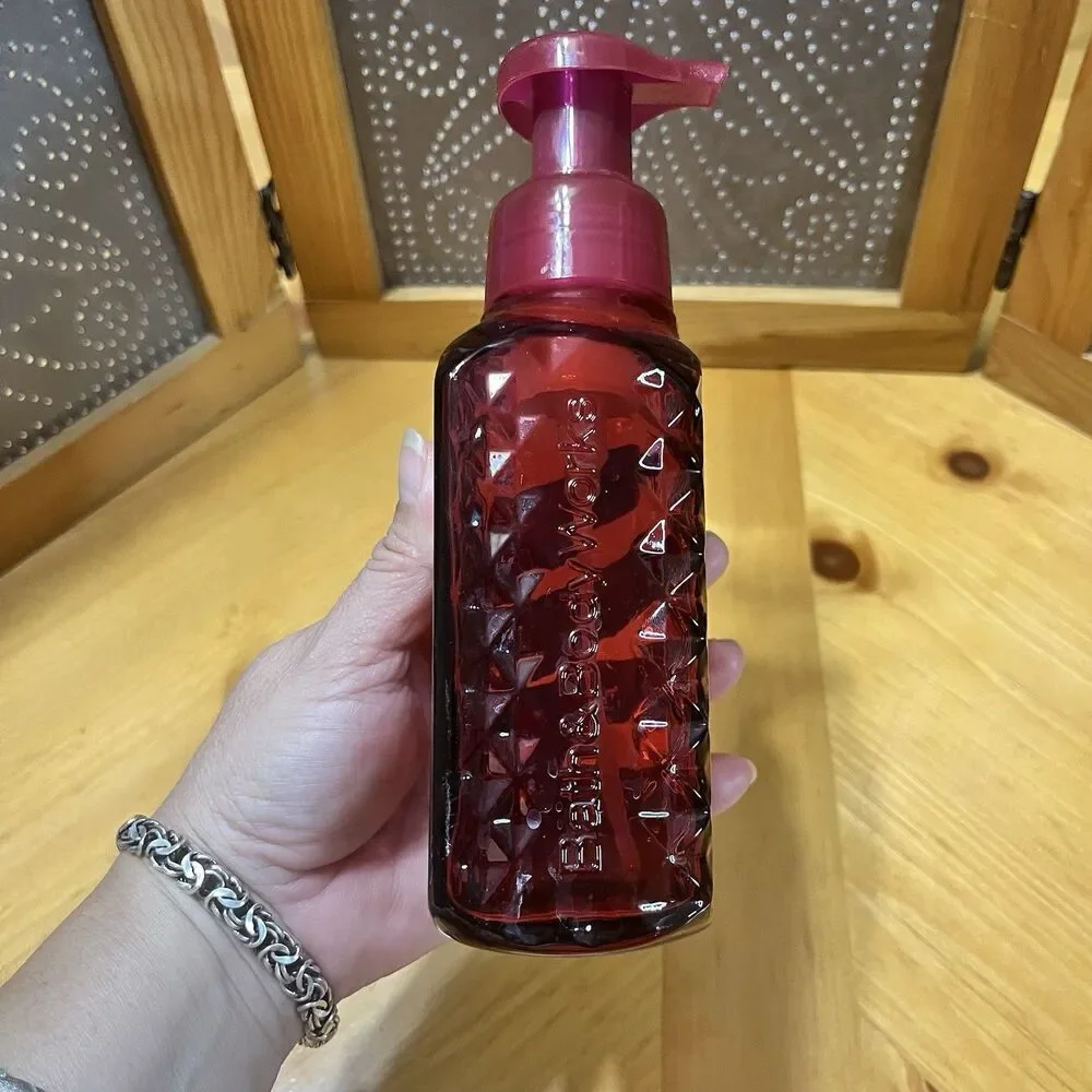 Bath & Body Works Glass Foaming Soap Holder Dispenser Pump Red Bathroom Decor